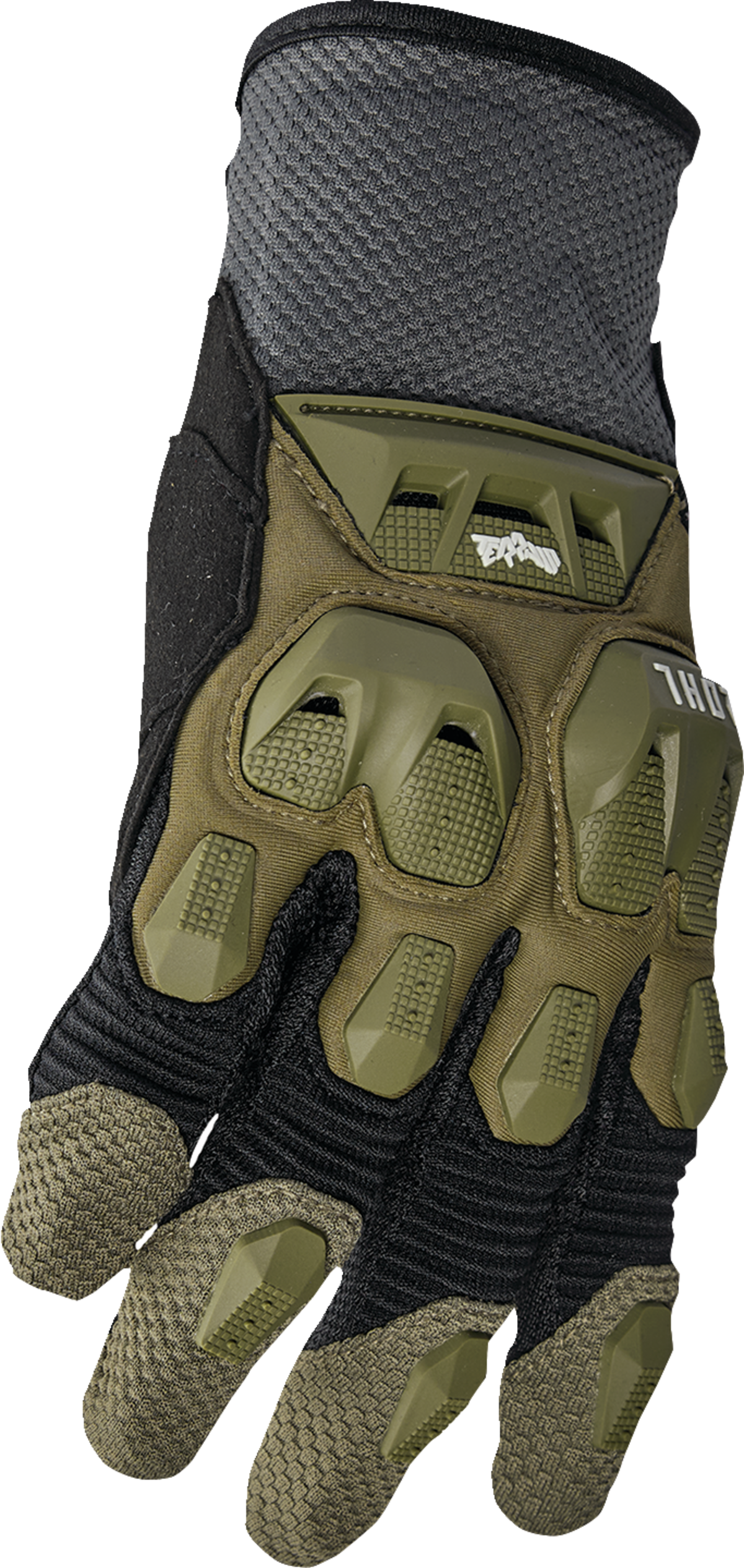THOR Terrain Gloves in Army/Charcoal, small size, showing durable fabric and reinforced palms for motorcycle riding.