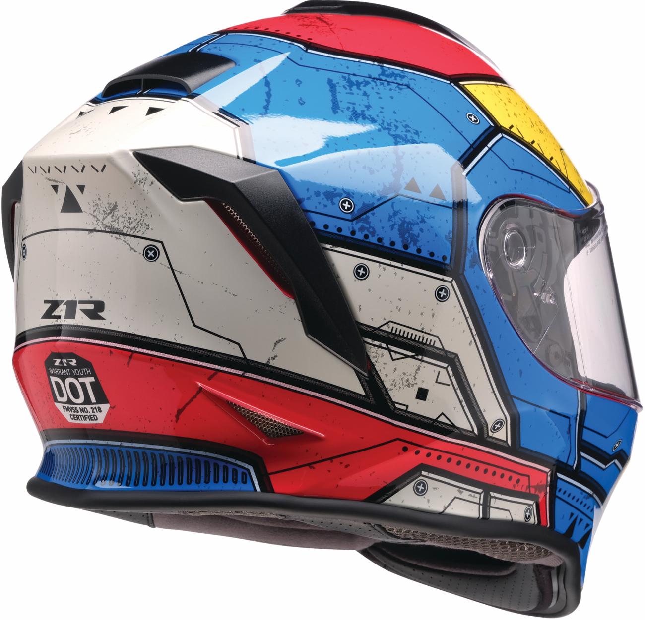 Z1R Youth Warrant 2.0 Helmet in Sentinel Blue and Yellow, medium size, featuring aerodynamic vents and secure chin strap.