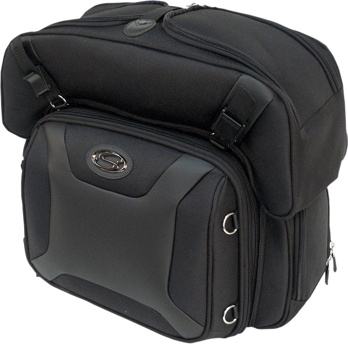 Bill's Exhausts Saddlemens FTB2500 Sport Sissy Bar and Combo Bag, black motorcycle seat with sissy bar and storage bag.