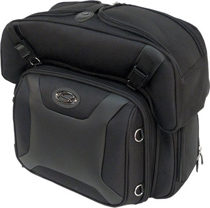 Bill's Exhausts Saddlemens FTB2500 Sport Sissy Bar and Combo Bag, black motorcycle seat with sissy bar and storage bag.