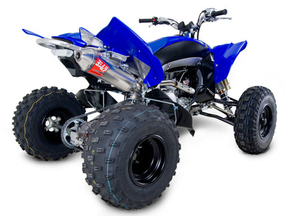YOSHIMURA Signature RS 2 full exhaust system for UTVs, stainless steel, with polished finish and dual exhaust outlets.