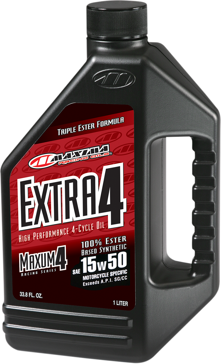 Maxima Racing Oil Extra Synthetic 4T 15W50 motorcycle engine oil in a 1-quart container, designed for high-performance engines.