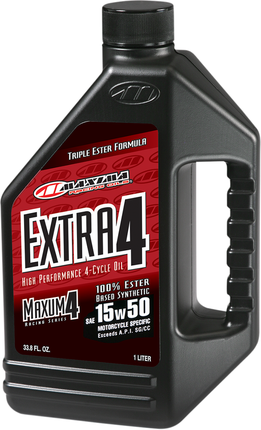 Maxima Racing Oil Extra Synthetic 4T 15W50 motorcycle engine oil in a 1-quart container, designed for high-performance engines.