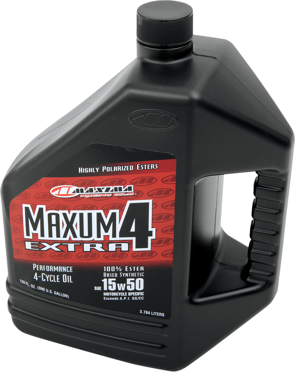 Maxima Racing Oil Extra Synthetic 4T 15W-50 motor oil in a 1-gallon container for motorcycle engine lubrication.