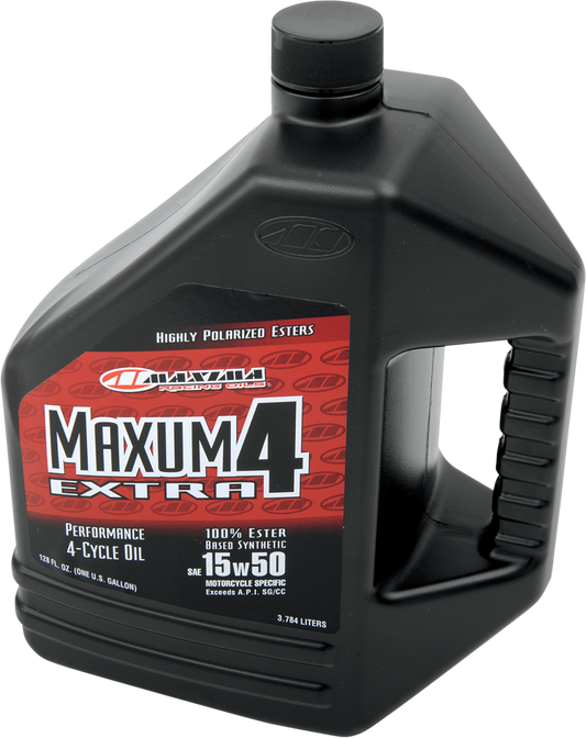 Maxima Racing Oil Extra Synthetic 4T 15W-50 motor oil in a 1-gallon container for motorcycle engine lubrication.