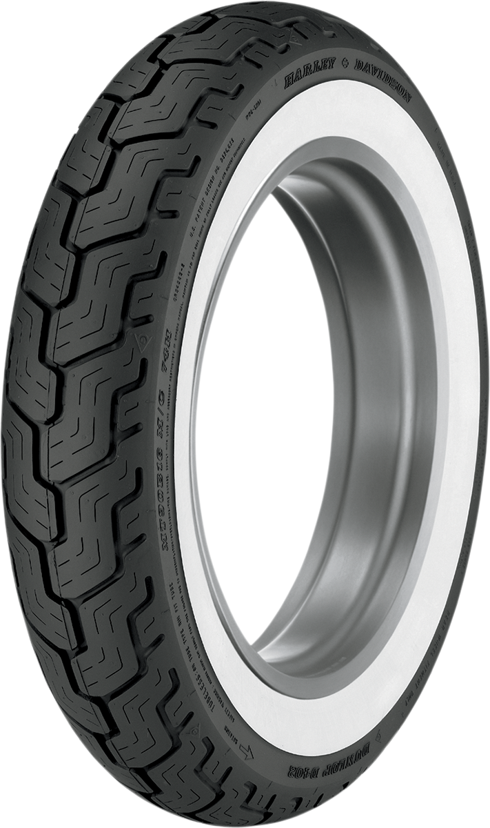 DUNLOP D402 rear motorcycle tire with wide whitewall and Harley-Davidson branding, featuring tread pattern and sidewall details.
