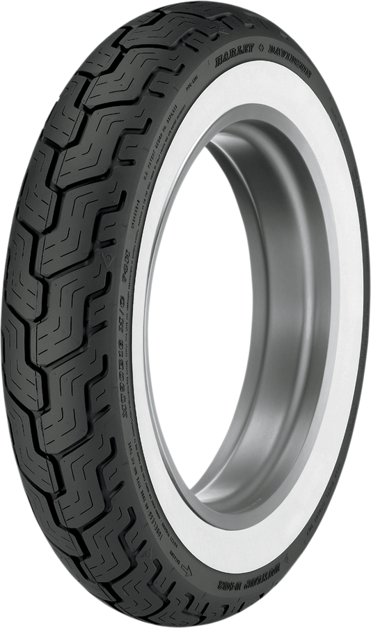 DUNLOP D402 rear motorcycle tire with wide whitewall and Harley-Davidson branding, featuring tread pattern and sidewall details.