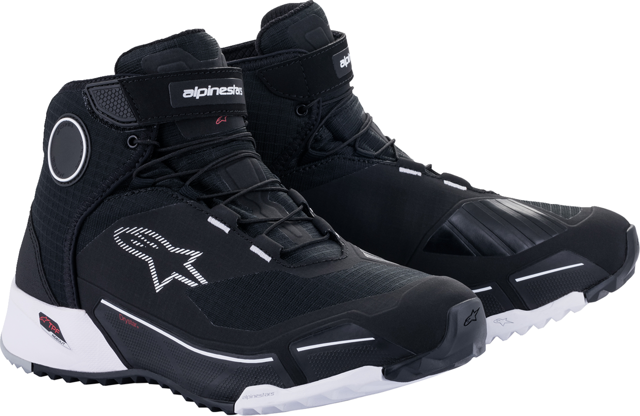 Alpinestars CR-X Drystar® motorcycle shoes in black and white, US size 11, featuring durable design and protective elements.
