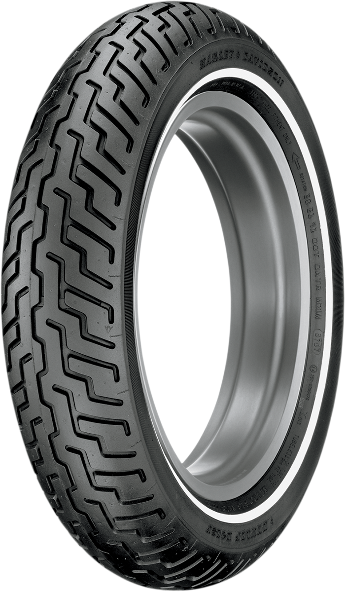 DUNLOP D402 front motorcycle tire with MT90-16 narrow whitewall and 72H speed rating for Harley-Davidson®.