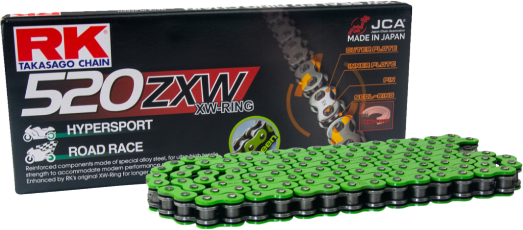 RK EXCEL MM520ZXW-120 Green Drive Chain for racing and endurance, 520 x 120 size, durable motorcycle chain.