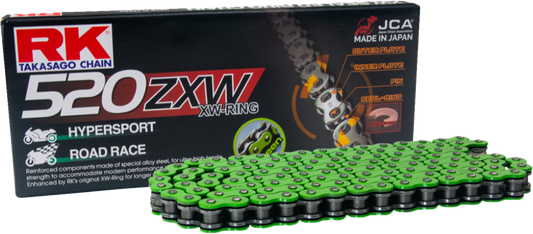 RK EXCEL MM520ZXW-120 Green Drive Chain for racing and endurance, 520 x 120 size, durable motorcycle chain.