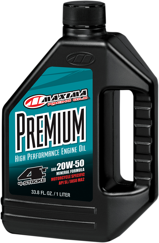 MAXIMA RACING OIL premium 4T engine oil 20W-50 in a 1-liter bottle, suitable for high-performance motorcycle engines.