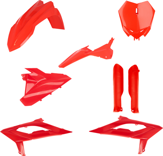 A red Acerbis full replacement body kit for motorcycles, shown on a plain background, designed for durability and style.