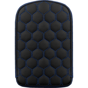 SADDLEMEN RoadSofa™ Sissy Bar Pad in honeycomb design with blue stitching for motorcycle sissy bars, by Bill's Exhausts.