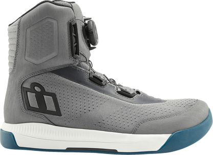 Gray ICON Overlord Vented CE Boots by Bill's Exhausts, size 10.5, with protective vents and rugged design.