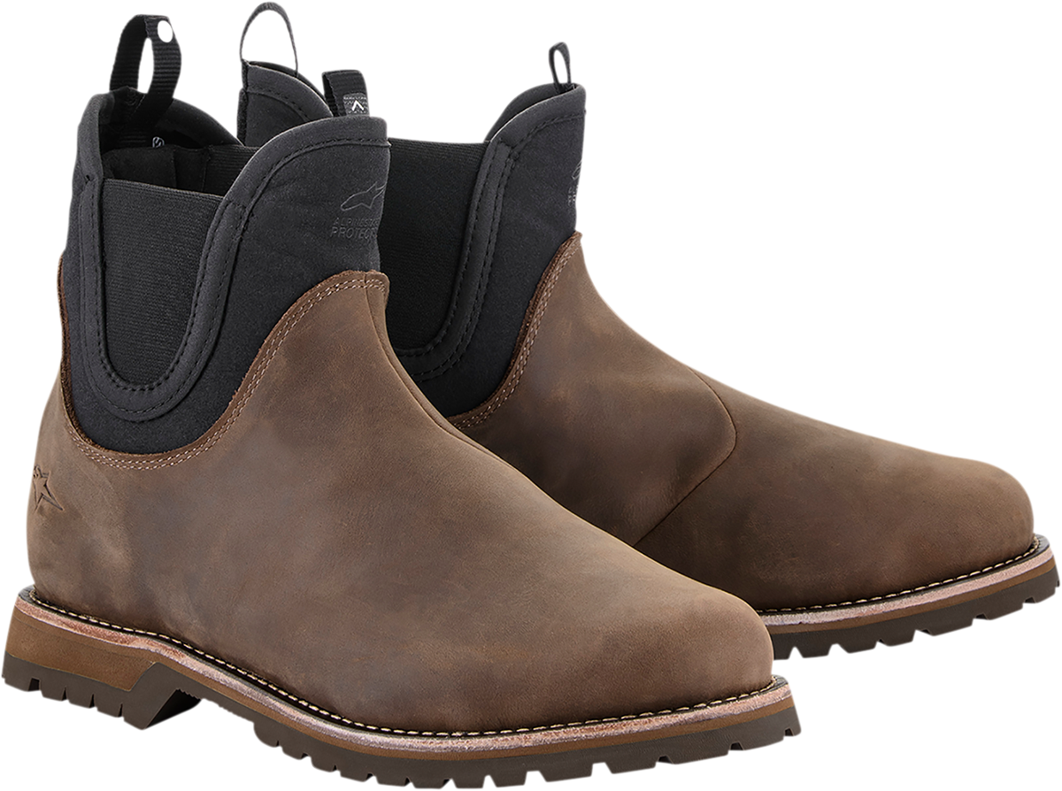 Alpinestars Turnstone motorcycle boots in black and brown, US 11.5, featuring sturdy design and protective features.