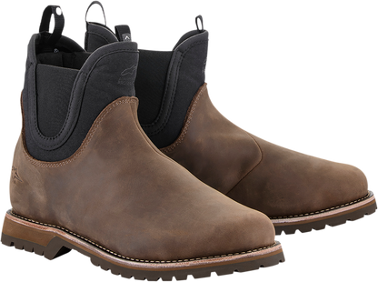 Alpinestars Turnstone motorcycle boots in black and brown, US 11.5, featuring sturdy design and protective features.