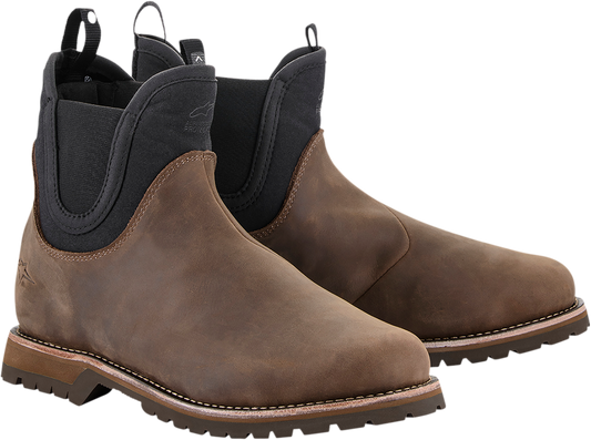 Alpinestars Turnstone motorcycle boots in black and brown, US 11.5, featuring sturdy design and protective features.