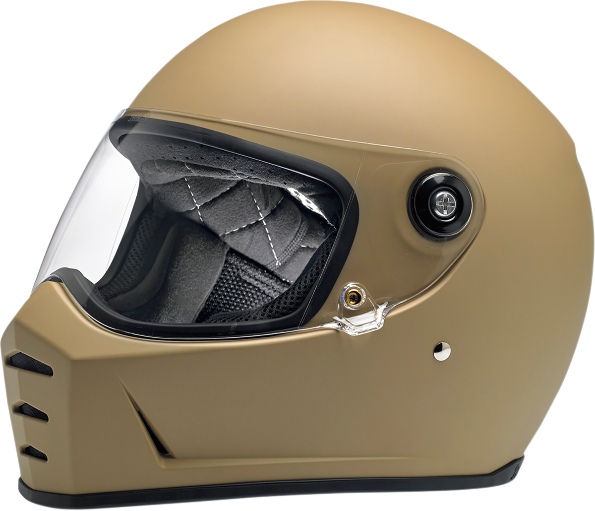 Biltwell Lane Splitter helmet in flat coyote tan with XS size, featuring a sleek motorcycle helmet design with black strap and vents.