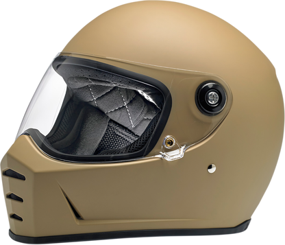 Biltwell Lane Splitter helmet in flat coyote tan with XS size, featuring a sleek motorcycle helmet design with black strap and vents.
