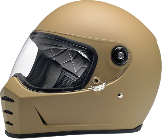 Biltwell Lane Splitter helmet in flat coyote tan with XS size, featuring a sleek motorcycle helmet design with black strap and vents.