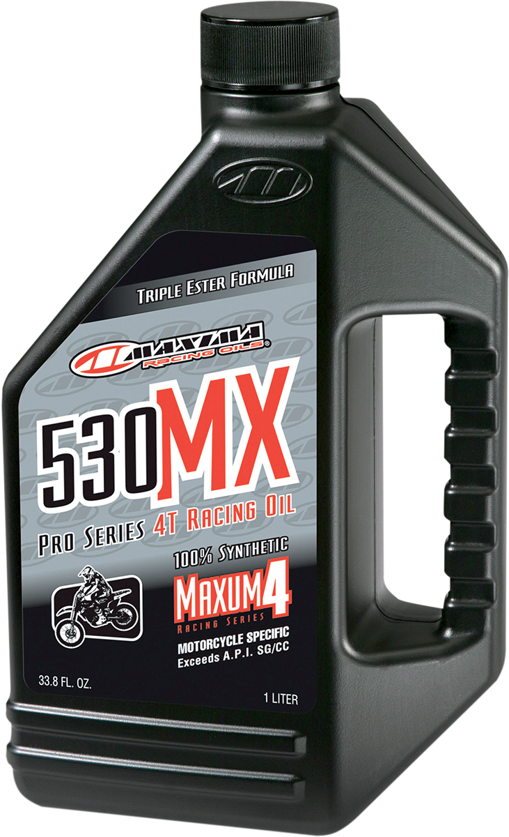 Maxima Racing Oil 530MX 4T synthetic 4-stroke engine oil bottle, 1 liter, with label showing product details and branding.