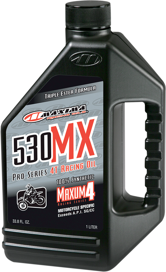 Maxima Racing Oil 530MX 4T synthetic 4-stroke engine oil bottle, 1 liter, with label showing product details and branding.