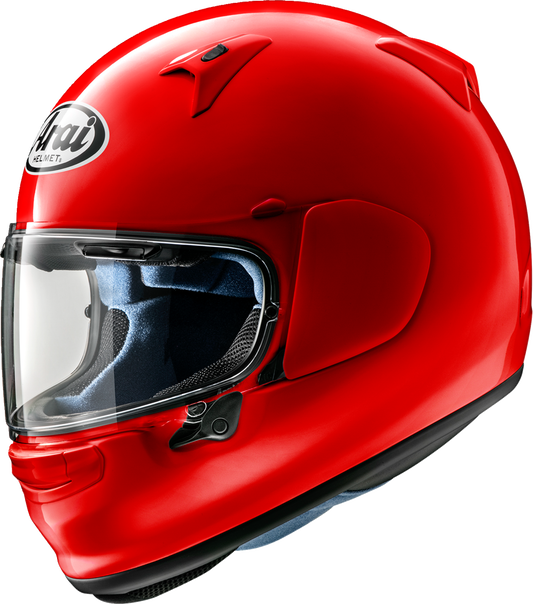 Red ARAI Helmets Regent-X helmet in medium size, featuring a sleek design and safety features, part number 0101-17565.