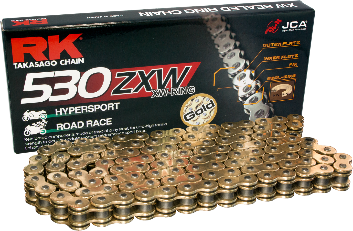 RK EXCEL gold 530x130 drive chain for racing and high-performance motorcycles, featuring durable construction and precision links.