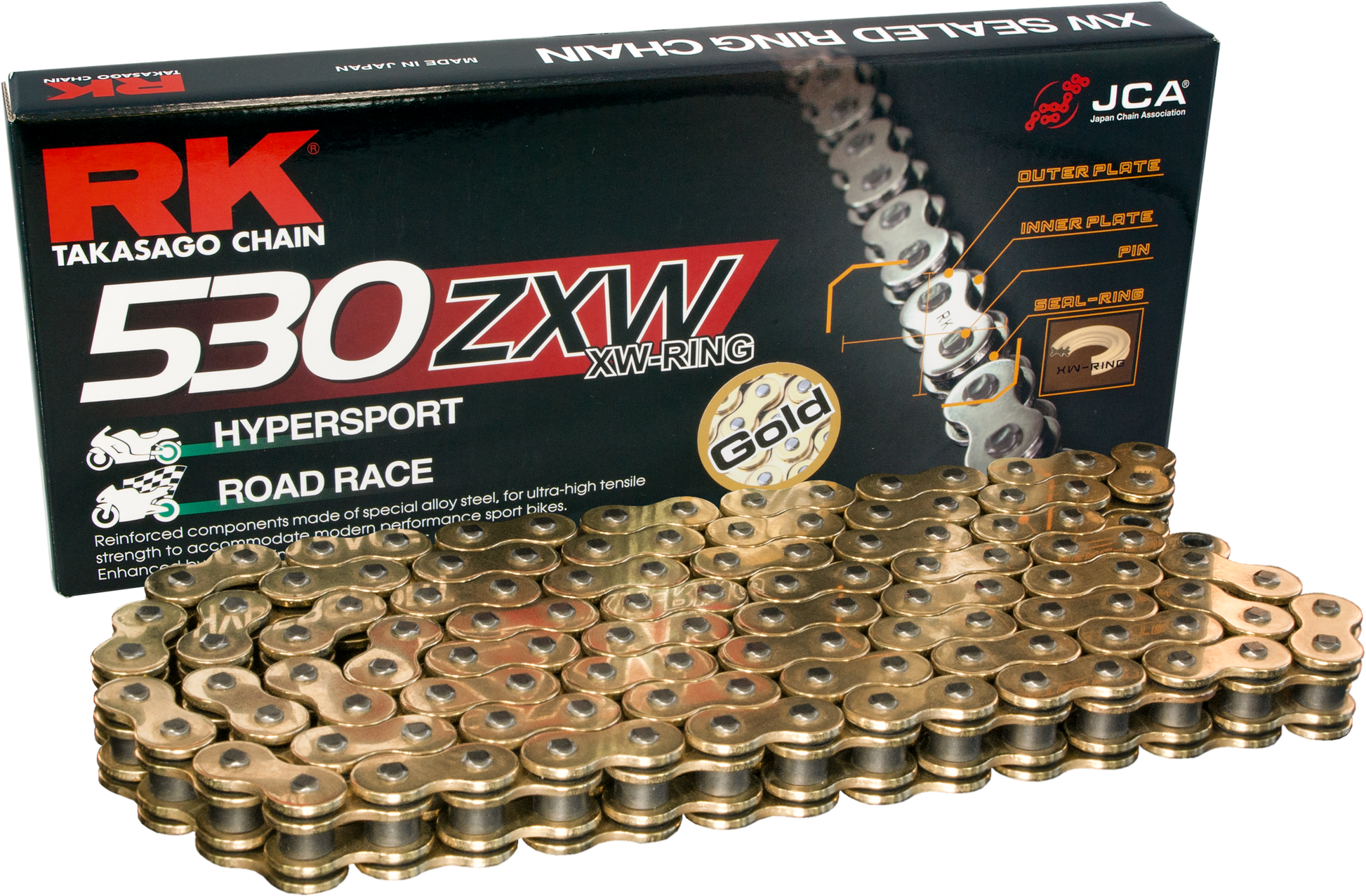 RK EXCEL gold 530x130 drive chain for racing and high-performance motorcycles, featuring durable construction and precision links.