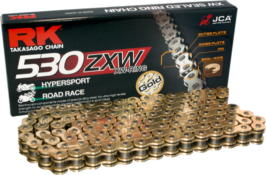 RK EXCEL gold 530x130 drive chain for racing and high-performance motorcycles, featuring durable construction and precision links.