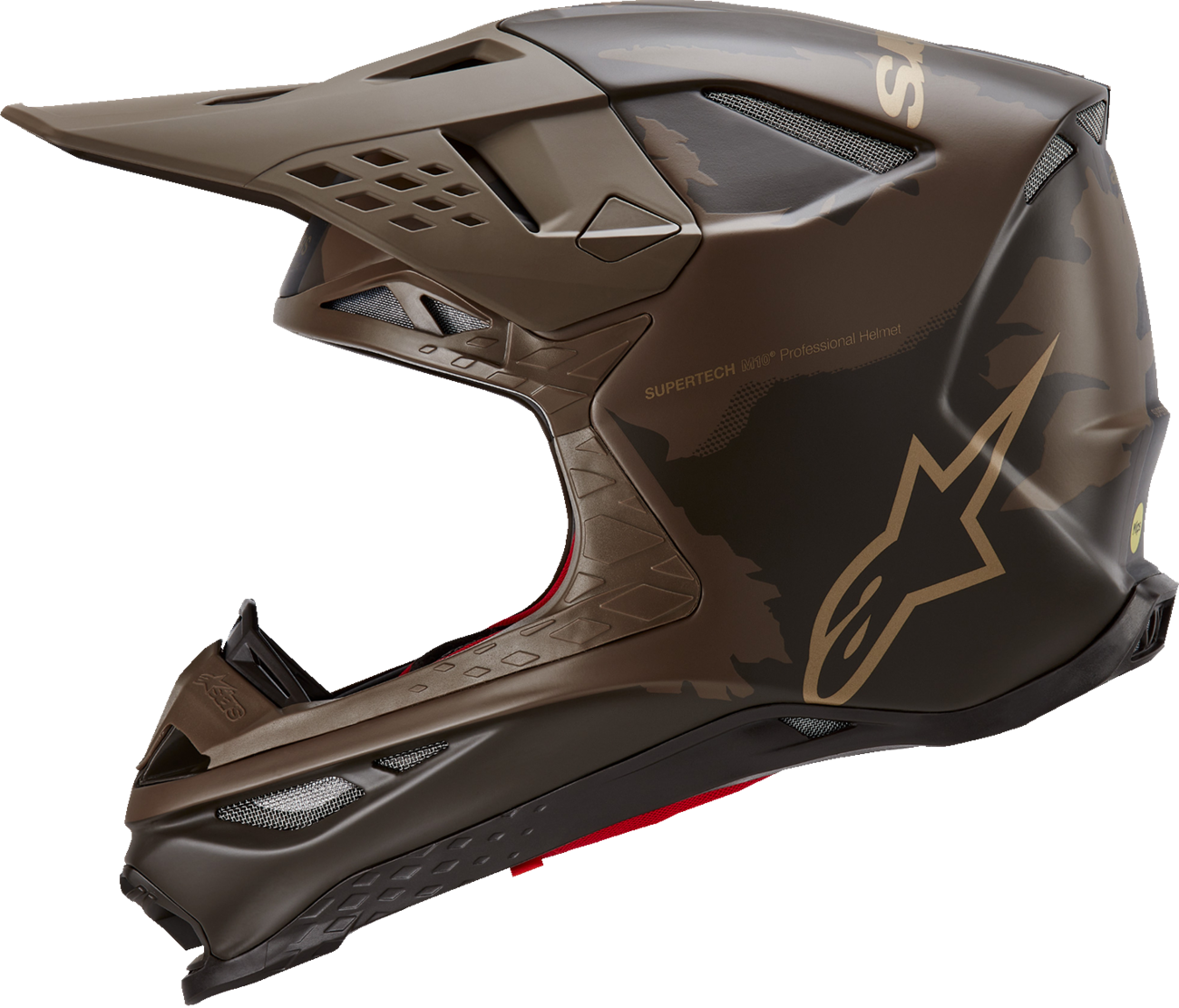 Alpinestars Supertech M10 helmet in dark brown and gold with MIPS® technology, size large, featuring a sleek racing helmet design