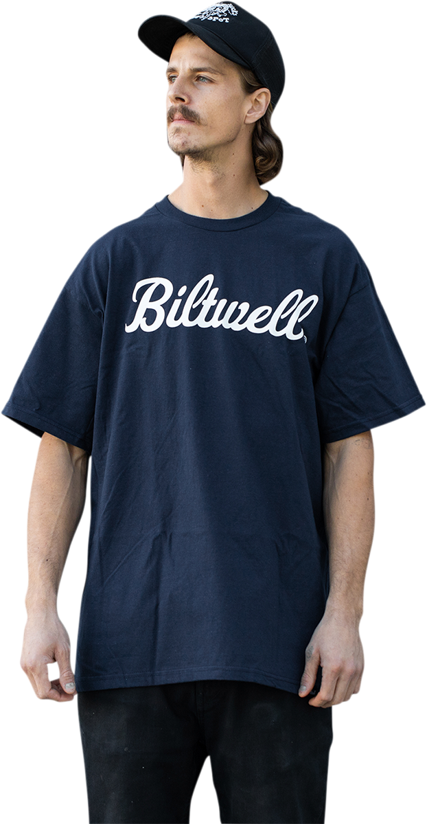 Navy BILTWELL Script T-Shirt in Medium, featuring a classic design with the BILTWELL logo on the front, casual and comfortable fit.