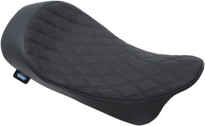Drag Specialties low solo seat with double diamond pattern for Harley FL models 2008-2023, designed for comfort and style.