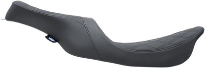 Black Predator 2-Up seat for Harley-Davidson FL 1999-2007 by Drag Specialties, featuring double diamond pattern stitching.