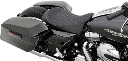 Low solo seat by Drag Specialties with double diamond silver stitching for Harley FL models 2008-2023, shown in silver stitches.