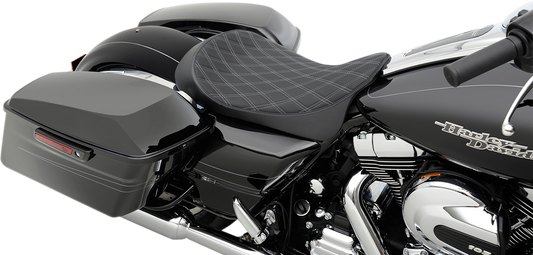 Low solo seat by Drag Specialties with double diamond silver stitching for Harley FL models 2008-2023, shown in silver stitches.