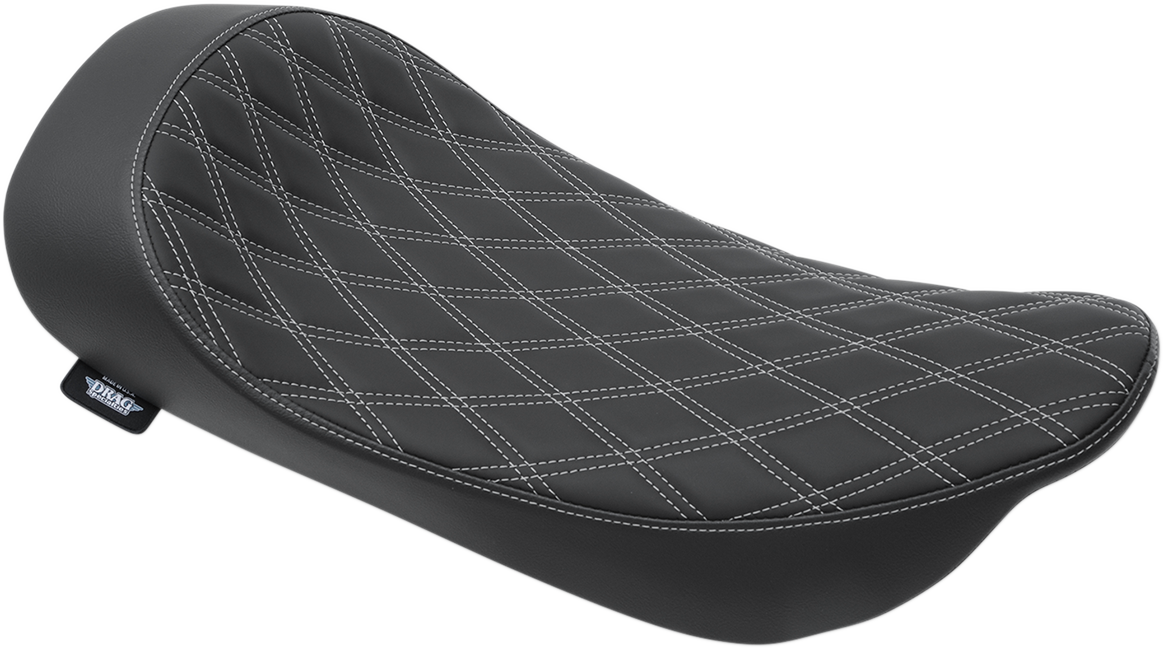 DRAG SPECIALTIES LOW SOLO SEAT with double diamond silver stitching for Harley FLHR/FLHX 1999-2007, shown from side view.