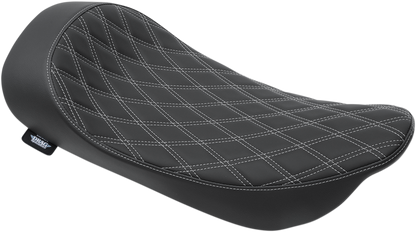 DRAG SPECIALTIES LOW SOLO SEAT with double diamond silver stitching for Harley FLHR/FLHX 1999-2007, shown from side view.