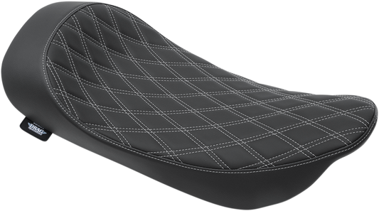 DRAG SPECIALTIES LOW SOLO SEAT with double diamond silver stitching for Harley FLHR/FLHX 1999-2007, shown from side view.