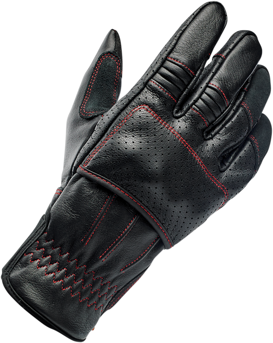 Red BILTWELL Borrego Gloves in XL size, featuring protective leather and redline accents, designed for motorcycle riding comfort.