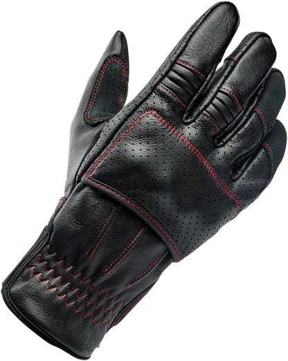Red BILTWELL Borrego Gloves in XL size, featuring protective leather and redline accents, designed for motorcycle riding comfort.