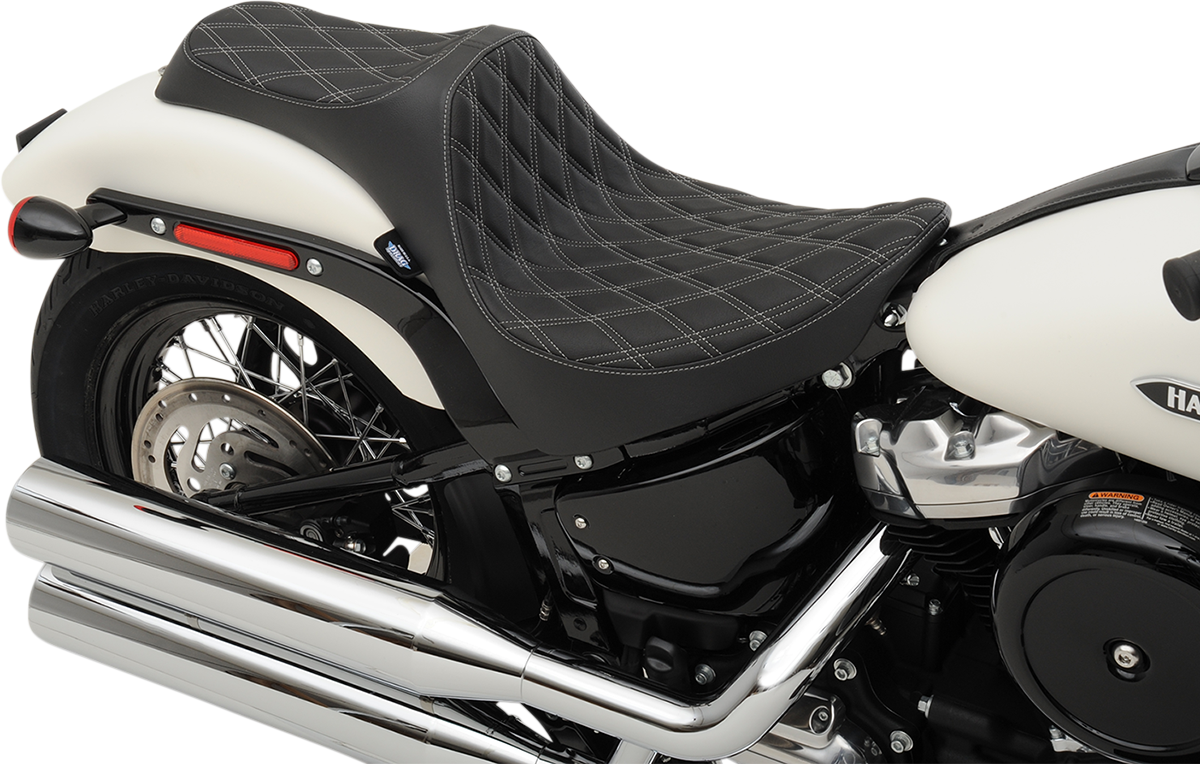 Drag Specialties Predator III double diamond seat with silver stitching for Harley FL/FX 2018-2023, showcasing a sleek motorcycle seat design.