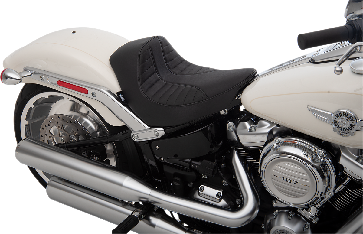 EZ-Solo seat with Scorpion stitch by Drag Specialties Seats for FLFB/S 2018-2025, featuring black vinyl upholstery and sleek design.