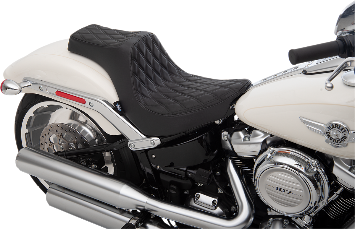 Drag Specialties Predator III double diamond motorcycle seat with black stitching for FLFB/S 2018-2025, rear view showing stitching details.