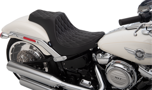 Drag Specialties Predator III seat with double diamond silver stitching for Harley FLFB 2018-2025 motorcycle, featuring sleek black upholstery.