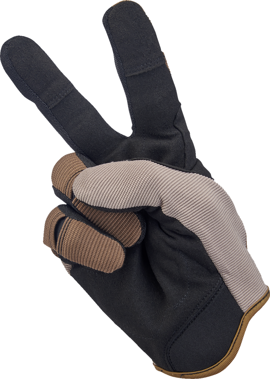 BILTWELL Moto Gloves in Coyote and Black, XL size, showing textured leather and secure wrist closure for motorcycle riding.