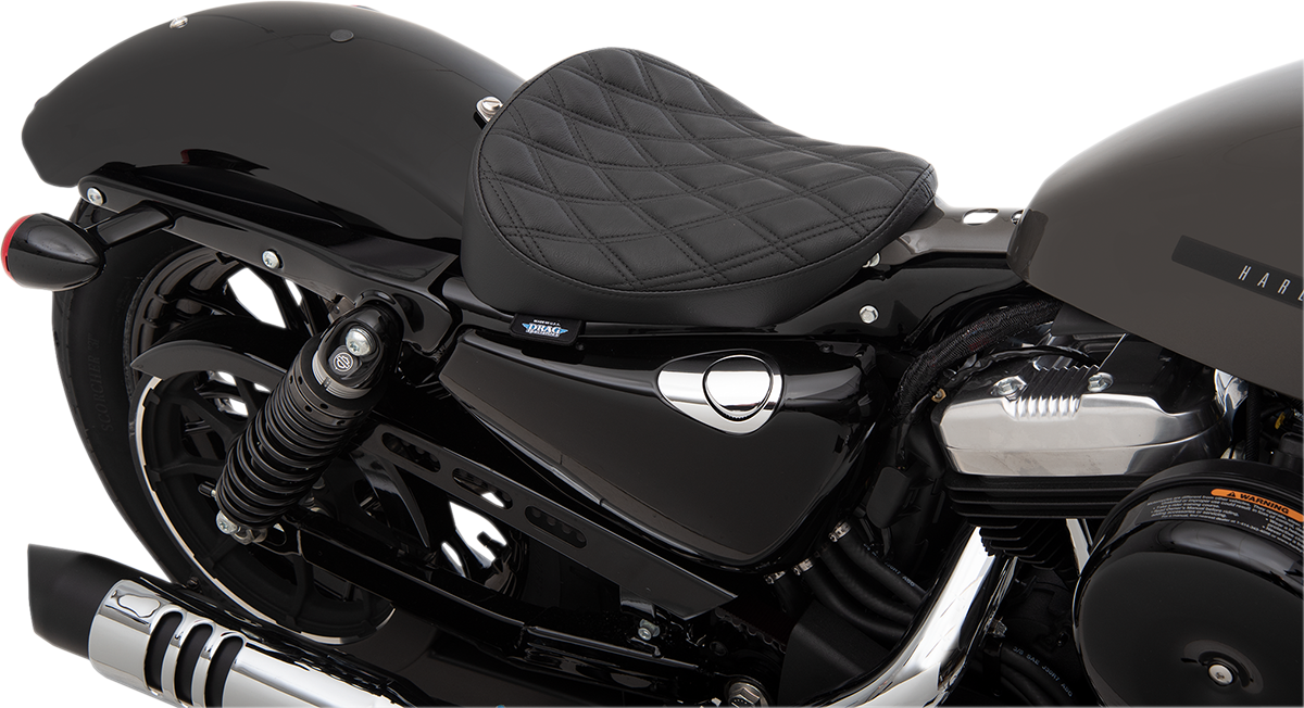 Drag Specialties Bobber Solo Seat with Double Diamond pattern for Harley XL models 2010-2022, shown on a motorcycle.