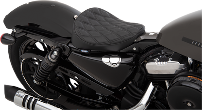 Drag Specialties Bobber Solo Seat with Double Diamond pattern for Harley XL models 2010-2022, shown on a motorcycle.