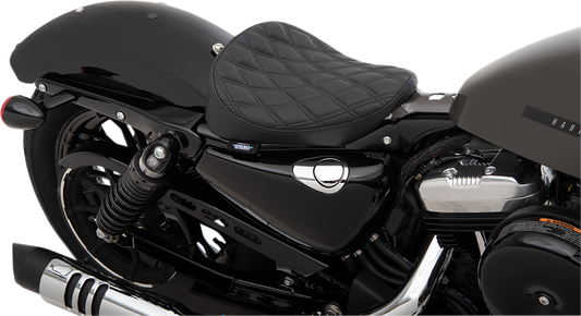 Drag Specialties Bobber Solo Seat with Double Diamond pattern for Harley XL models 2010-2022, shown on a motorcycle.